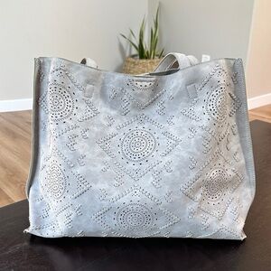 Boho Southwest Large faux leather Laser Cut Grey Tote Bag